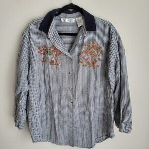 Studio Collection Vintage Autumn Motifs Embroidered Checks Button Down Shirt Top